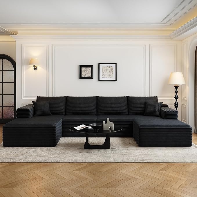 135.4" Cloud Modular Sectional Couch with 1 Ottoman,Modern Minimalist Upholstered Couches, Comfort U Shaped Sofa for Living Room,Deep Seat Corner Couch,No Assembly Required (Black,Left Facing Chaise)