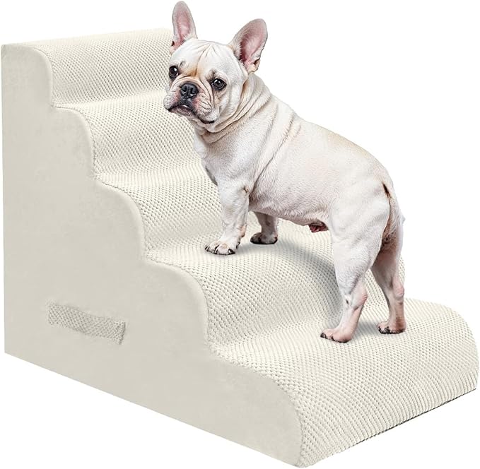 PAWSCART Dog Stairs for Small Pets, 22.8" H with 30D Material Soft Foam, Portable Ramp Non-Slip Surface Non-Slip for Couch and High Bed Climbing, 5-Step Stairs for Cat or Dog, Beige