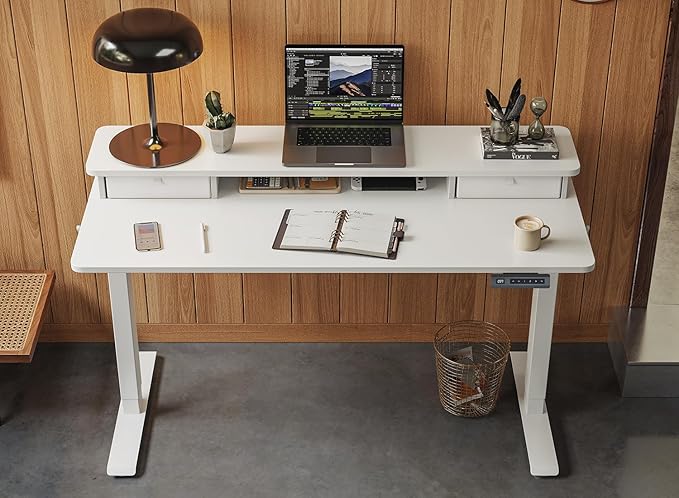 FEZIBO 63 x 28 Inch Deeper Height Adjustable Electric Standing Desk with Double Drawers, Sit Stand Up, Home Office Computer Desk with 4 Height-Adjustable Feets & 2 Hooks, White Frame/White Top
