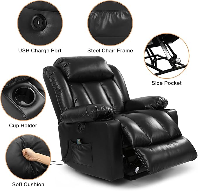 PARKOL Power Lift Recliner Chair for Elderly Breathable Leather Recliner Chair with Massage and Heat for People Limited Mobility (Black, Small)