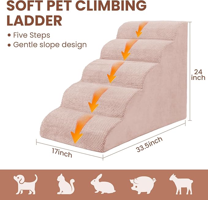 5 Steps Dog Stairs for Bed, 24" Dog Steps for High Bed, High Density Pet Steps for Small Dogs, Extra Wide Non-Slip Dogs Ramp for Injured, Older Pets, Small Cats, Pink