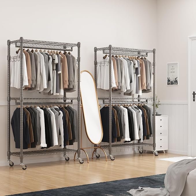 BATHWA Rolling Garment Rack Portable Closet Clothes Rack for Hanging Clothes, Metal Wardrobe Clothing Rack with Wheels and 8 Side Hooks, Double Rods, Adjustable Shelves, Gray