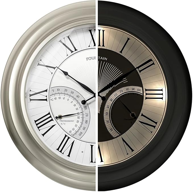 24 Inch Outdoor Clocks Waterproof, Self-Illuminated Large Outdoor Clock with Thermometer and Hygrometer Combo for Patio,Pool and Garden Decor,Roman Numeral,Morning Silver