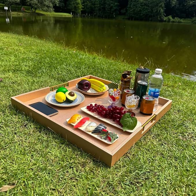 24x24 Inches Extra Large Champagne Faux Leather Wrapped Wood Ottoman Tray with Golden Handles for Serving Food Breakfast On Bed, Square Coffee Table Organizer, Home Decor and Decorative