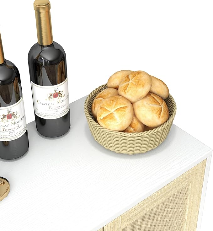 Panana Buffet Cabinet Sideboard with Rattan Decorated Doors Kitchen Storage Cupboard Accent Cabinet (White)