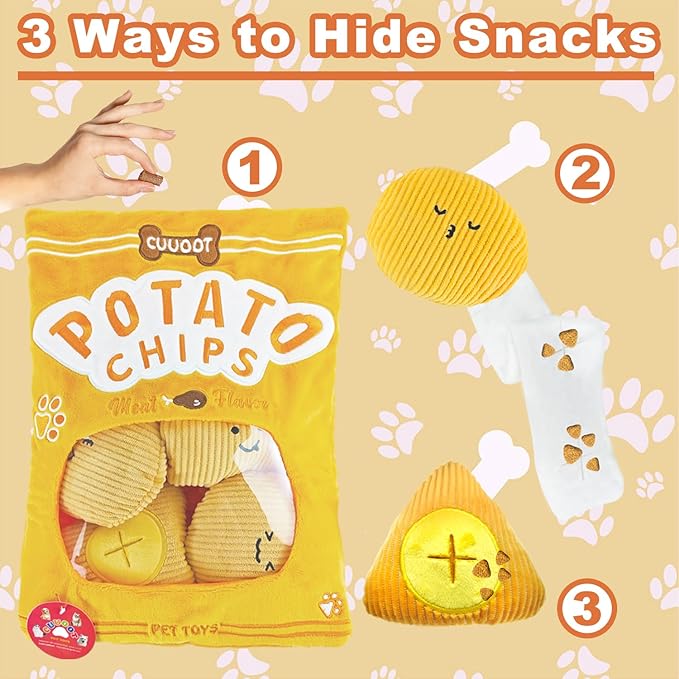 Dog Puzzle Toy, Crinkle Squeaky Interactive Dog Toys, Enrichment Treat Puzzle Dog Toy for Medium, and Large Dogs (Potato Chips)