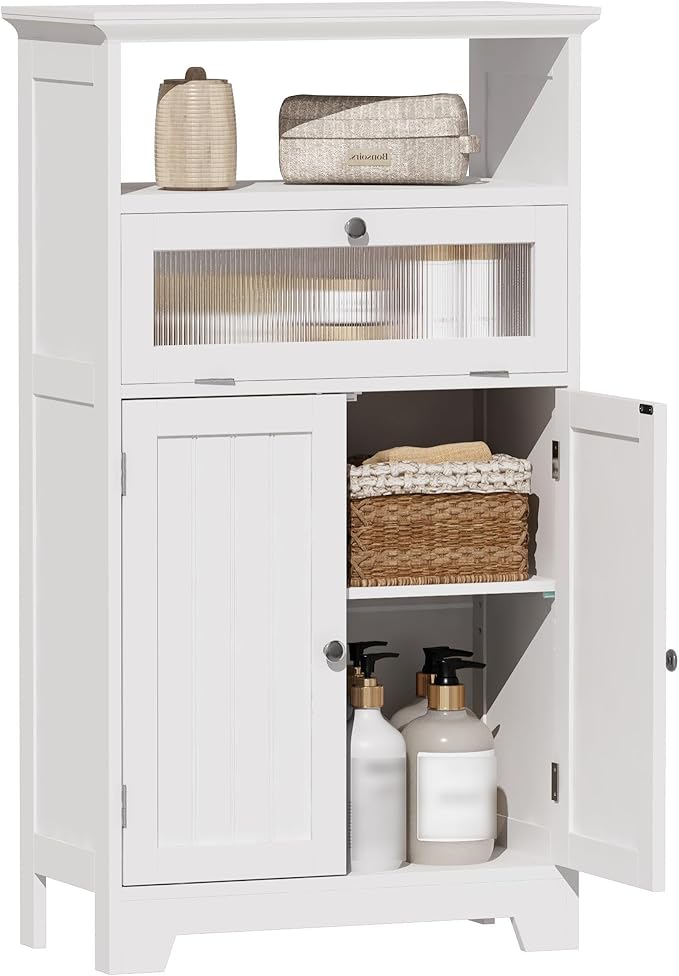 ChooChoo Bathroom Floor Storage Cabinet with Flip Glass Drawer, Freestanding with 2 Doors, Adjustable Shelf & Open Storage for Living Room, Hallway, White