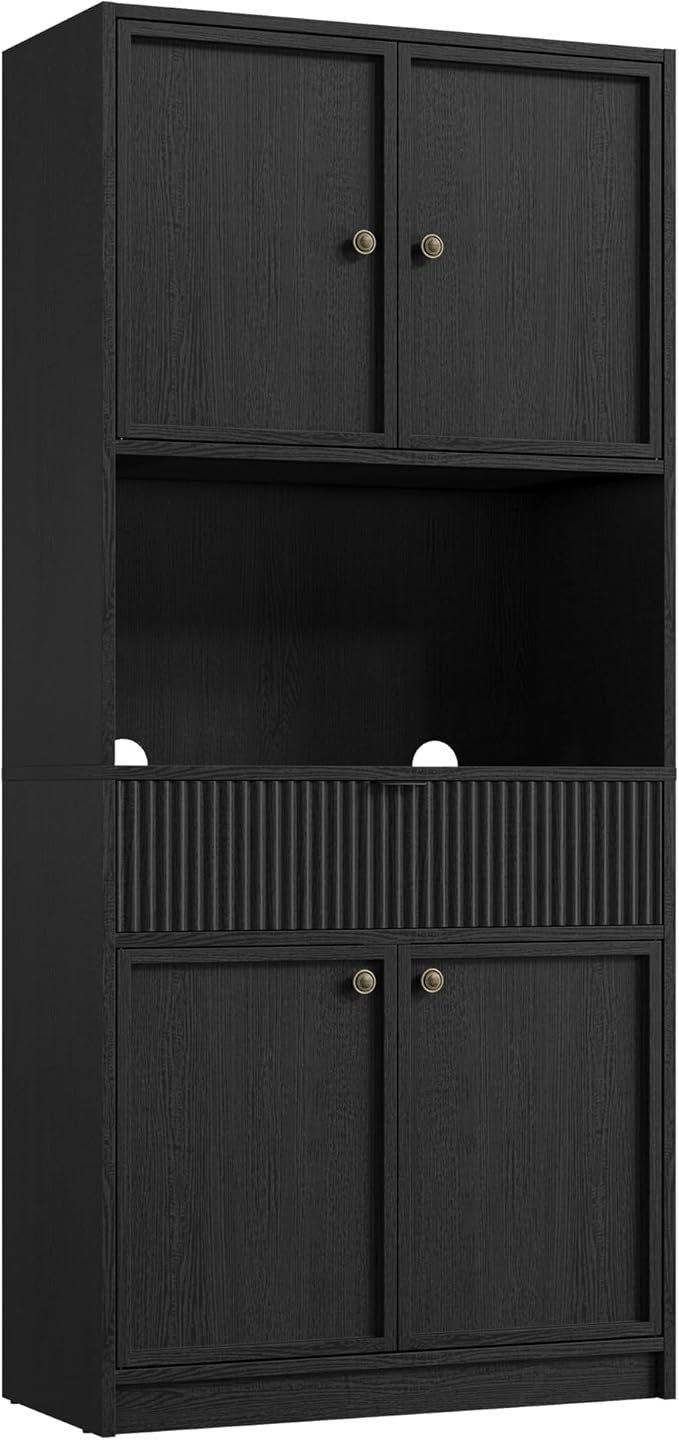 IDEALHOUSE Tall Storage Cabinet, 70" Kitchen Pantry Cabinet with Doors, Fluted Kitchen Hutch Cupboard with Microwave Shelf & Drawer, Freestanding Cupboard for Dining Room, Living Room, Black