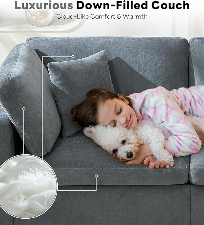 Tbfit Modern Sectional Sofa, Down-Filled Cushions, Extra Comfy Cloud Couch for Home, Living Room, Grey