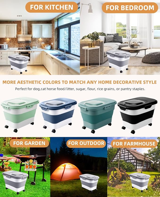 20-23 Lbs Dog Food Storage Container - Collapsible Dog Food Container with Attachable Casters and Scoop,Travel Silicone Bowl, Pet Food Storage Containers to Keep Dry Food Fresh,Easy to Move