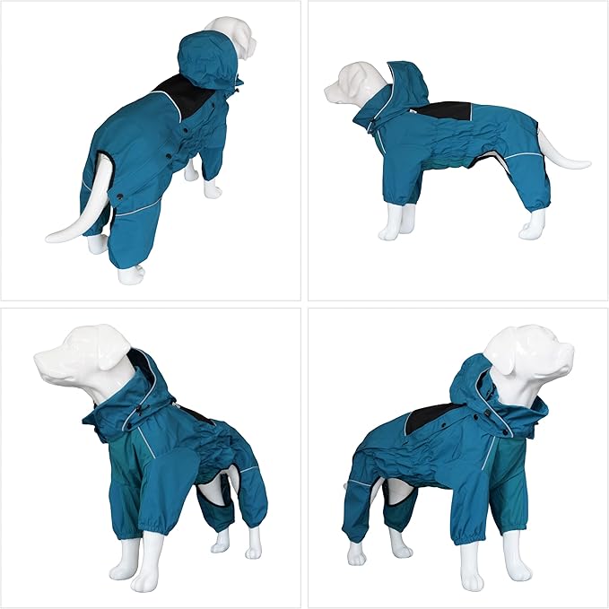 LOVELONGLONG Waterproof Dog Raincoat with Removable Hood – Outdoor Full Body Dog Jacket, Windproof Snowproof Shell Suit – All Season Pet Rain Gear Ocean Teal L