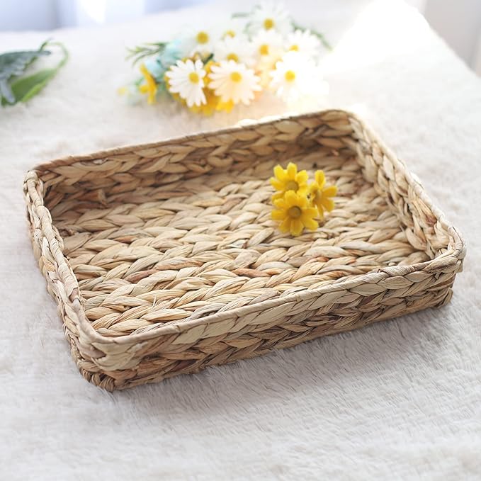 Water Hyacinth Woven Serving Tray Rectangular Hand-Woven Wicker Storage Trays for Coffee/Breakfast/Dessert/Fruit/Bread (Original Color - Small)