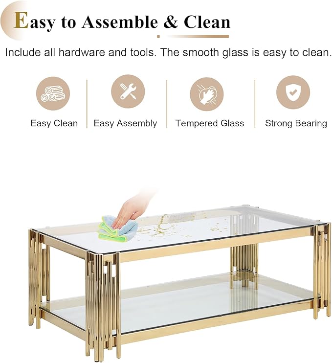 48" Rectangular Glass Coffee Table, Luxury 2-Tier Center Table with Storage & Gold Stainless Steel Frame, Modern Clear Glass Accent Coffee Cocktail Table for Living Room