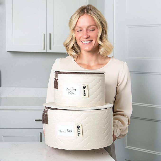 Hard Shell China Storage Containers 12-Piece Set Moving Boxes for Dinnerware, Glasses, Plates, Mugs and Saucers Sturdy Dish Organizer with Dividers for Seasonal Storage - Service for 12 -Beige Quilted