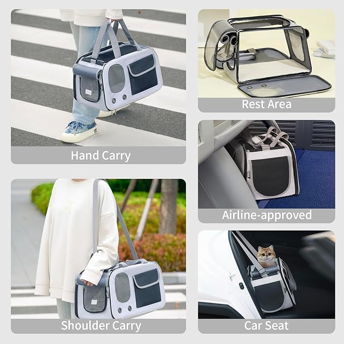 Cat, Dog Carrier for Pets up to 15 lbs, Soft-Sided Collapsible Pet Carrier with Sturdy Base, Roll-up Curtain and Large Storage Bag, Cat Bag for Medium Cats and Small Dogs