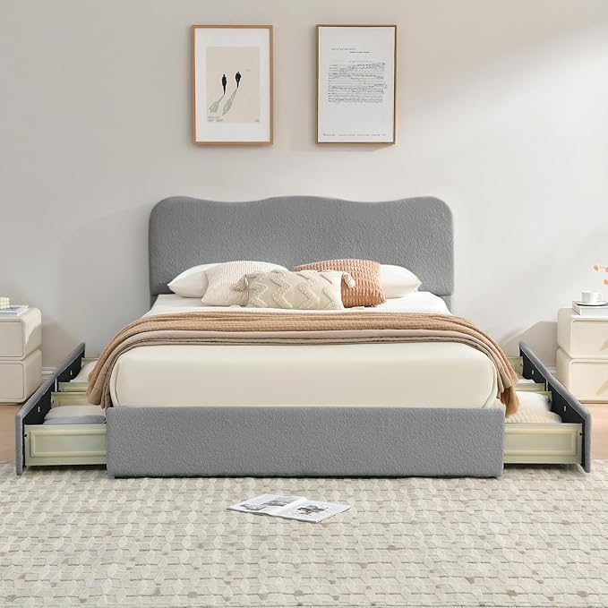 VELOCAVA King Size Storage Bed with 4 Drawers, Modern Upholstered Bouclé-Textured Platform Frame with Curved Headboard, Rounded Corners, Wood Slats, No Box Spring Needed, Light Gray