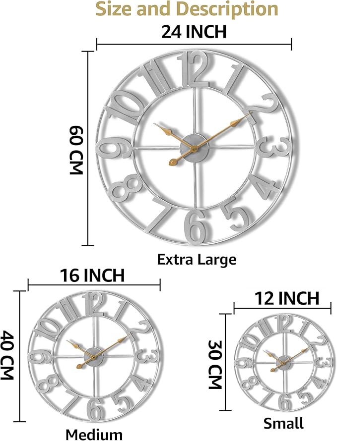 Sorbus 16-Inch Large Wall Clock – Decorative Silver Metal Clock with Gold Hands – Silent, Battery Operated, Modern Wall Decor for Living Room, Kitchen, or Office, Great Gift for Housewarming or Office