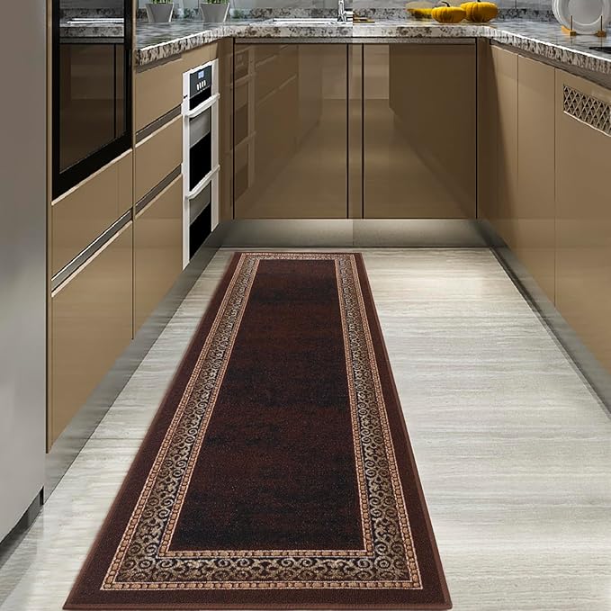 Antep Rugs Alfombras Bordered Modern 2x10 Non-Slip (Non-Skid) Low Pile Rubber Backing Indoor Area Runner Rug (Brown, 2' x 10')