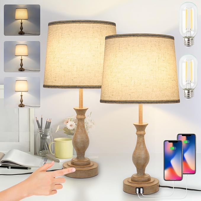 Touch Lamps for Bedrooms Set of 2, Farmhouse Table Lamp with Dual USB Charging Ports, 3 Way Dimmable Nightstand Lamps with Linen Fabric Lampshade for Bedroom (Pack 2-Beige Shade & Antique Brown)