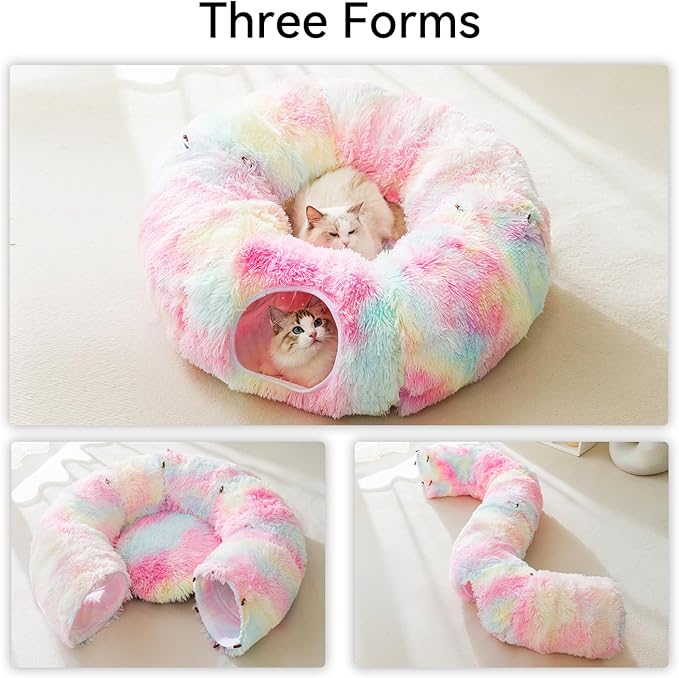 HIPIPET Winter Plush Cat Tunnel with Bed, Multifunctional Cat Toys for Small to Large Cats (Rainbow)
