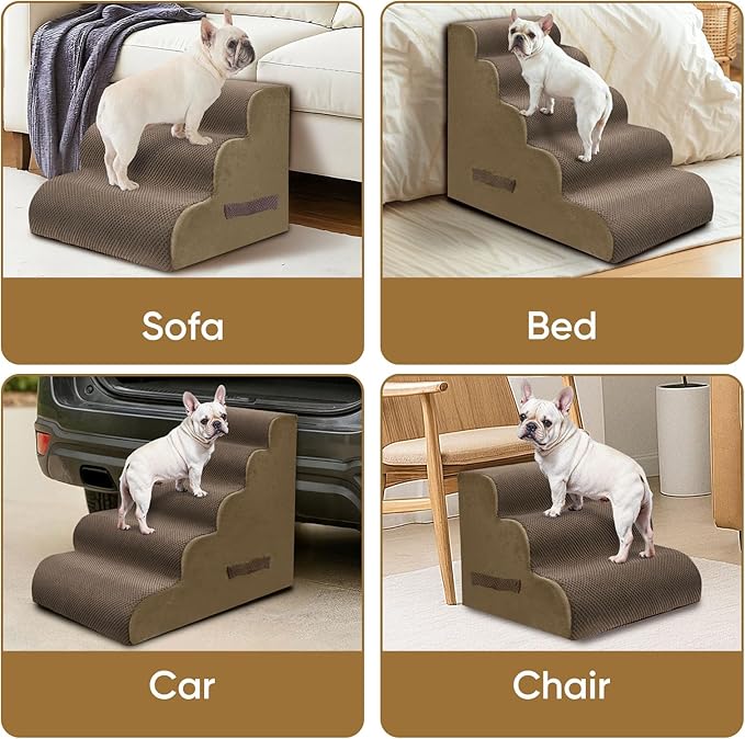 PAWSCART Dog Stairs for Small Dogs and Cats, 4-Step Dog Steps for Bed, 19.6" H Pet Stairs for High Bed, Pet Ramp for Couch, Sofa, Non-Slip Surface Removable Washable Cover, Brown
