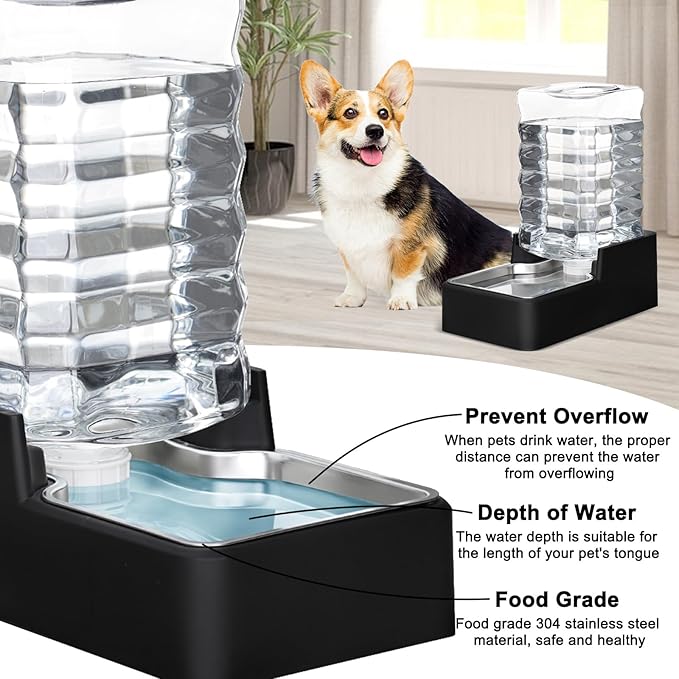 RIZZARI Stainless Steel Pet Water Feeder: 8L Automatic Leak-Proof Gravity Dispenser for Cats Dogs Indoor Outdoor Use(Black Without Filter,8L)