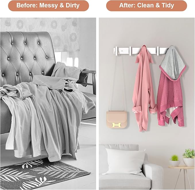 PMMASTO Coat Rack Wall Mounted, 5 "T Shaped Wall Hooks for Hanging, Heavy Duty Stainless Steel Coat Hook Rail for Hat Towel Robes in Bathroom Kitchen Mudroom Entryway (Silver, 2 Pack)