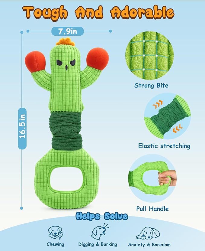 Swooflia Tug of War Dog Toy-Squeaky Plush Tug a War Dog Toy for Medium Large Breed Dogs to Keep Them Busy, Interactive Crinkle Doggie Toy, Cute Cactus with Soft Long Pull Handle