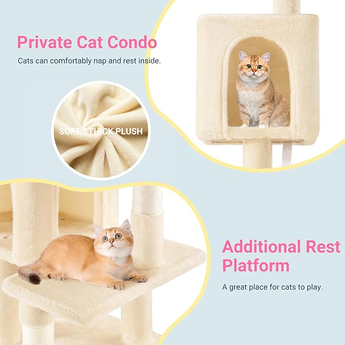 Allewie 29 Inches Cat Tree Tower/Plush Perches Platform/Condo/House/Sisal Scratching Posts/Multi-Level Activity Center Furniture for Kittens/Beige