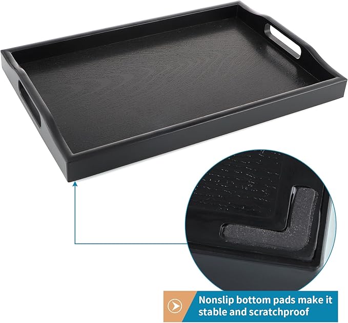Plastic Serving Tray with Handles, 16.5" x 10.6" Rectangular Ottoman Tray for Meals, Decor or Party, Buffet, Coffee Table, Kitchen, Restaurant (Black)