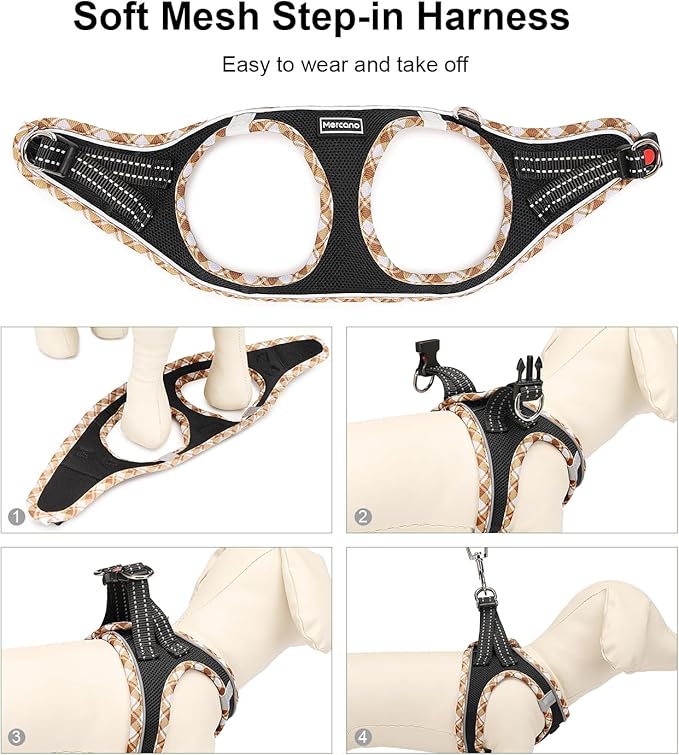 Mercano Soft Mesh Dog Harness and Leash Set, No-Chock Step-in Reflective Breathable Lightweight Easy Walk Vest Harnesses with Safety Buckle for Small Dogs, Cats (Black Yellow, XXS)