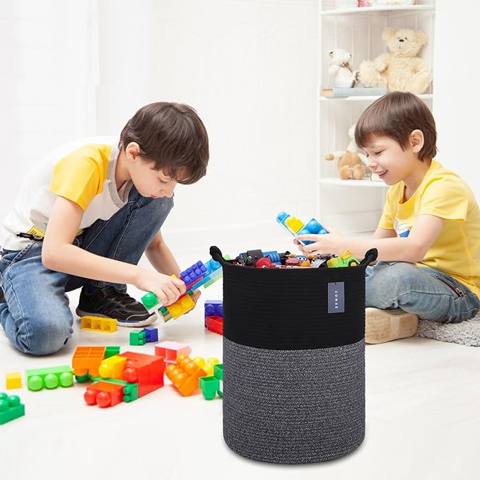 COMSE Extra Large Blanket Basket, Tall Woven Storage Basket, Nursery Hamper, 15.7”x 21.7”, Cotton Rope Laundry Hamper for Toys Clothes Towels, Black