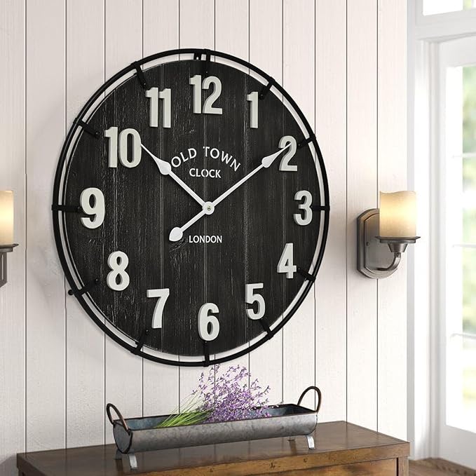 Large Old Town Farmhouse Black Wall Clock 24 Inch Rustic Antique Wood with Metal Circle and Large Numerals Silent Battery Operated Wall Clock for Office Kitchen Bedroom Living Room