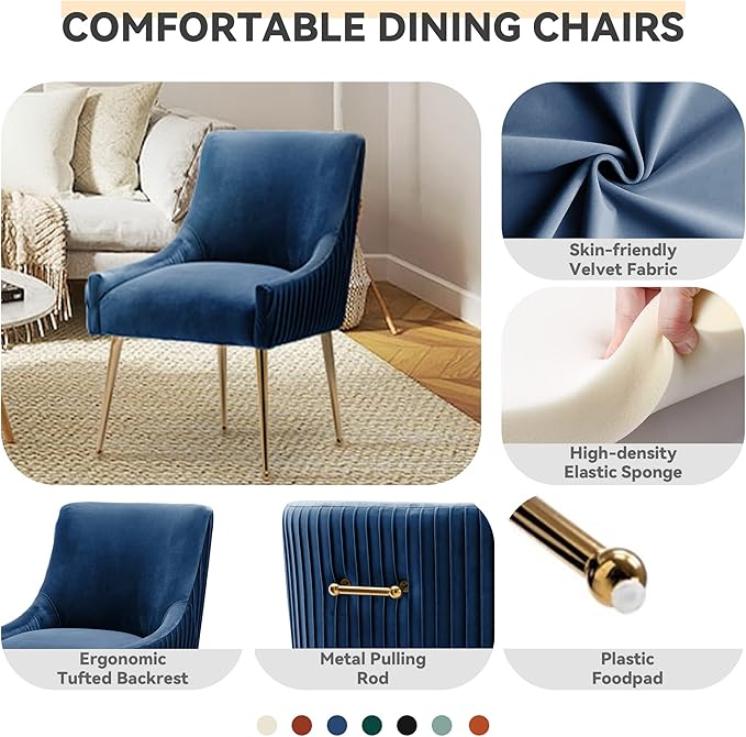 Dining Chairs, Accent Chairs Set of 2, Modern Upholstered Kitchen Dining Chairs with Gold Legs, Fabric Tufted Velvet Living Room Chairs for Reception Room Bedroom Kitchen(Navy Blue)