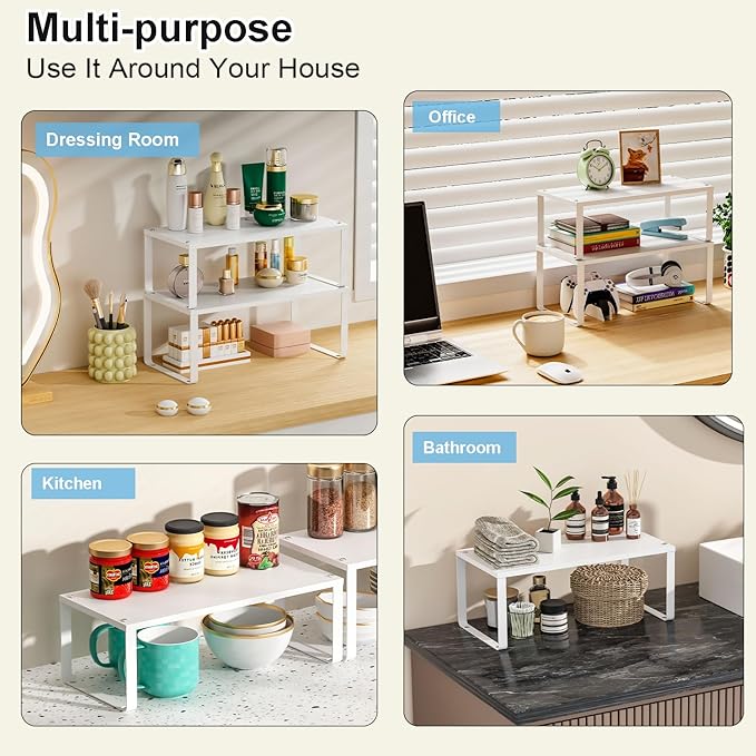 15.75" Long Stackable Expandable Metal Shelf Organizer For Kitchen Cabinet Counter Storage, Set of 2 Small Metal Storage Shelves Spice Rack For Kitchen Cupboard Countertop,Sturdy, 30LBS Heavy Duty