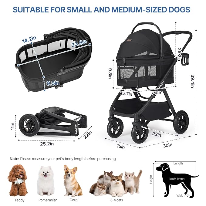 X-5 Luxury Pet Stroller for Medium Dog Under 55lbs or 2 Small Dogs & Cats, One-Touch Folding, Adjustable Handle, Detachable Carrier and Inflatable Wheels (Black & Net Wall)
