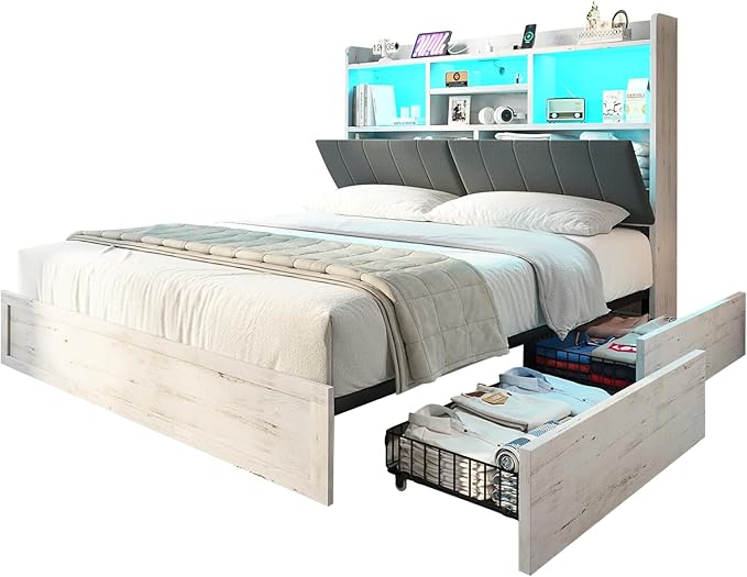 King Farmhouse Bed Frame with Bookcase Headboard and 4 Drawers, LED Storage Bed with Charging Station & Linen Upholstered, No Box Spring Needed, Distressed White