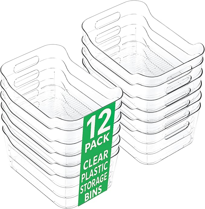 12 Pack Clear Plastic Storage Bins, Acrylic Organizer and Containers with Handle for Pantry, Cabinet, Closet, Refrigerator, Freezer, Bathroom, Kitchen Under Sink Storage
