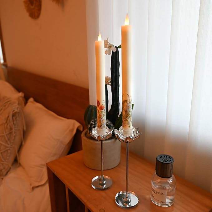 Flameless Taper Candles Flickering with Remote and Timer, 3D Moving Flame Taper Candle Battery Operated to 400 Hours, 9 Inch Window Candles, (Wild Flower)