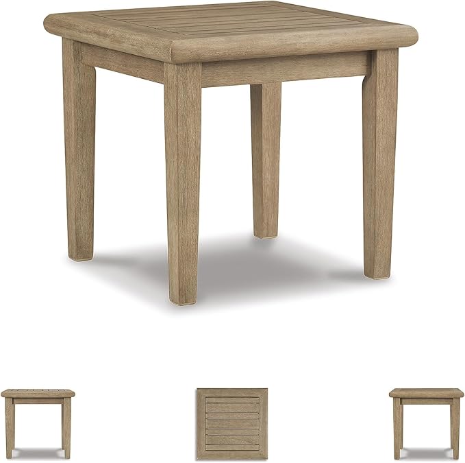 Signature Design by Ashley Gerianne Outdoor Square End Table with Slatting Styling and 5-Step Finishing Process, Eucalyptus Wood Frame, 22" High, Grayish Brown
