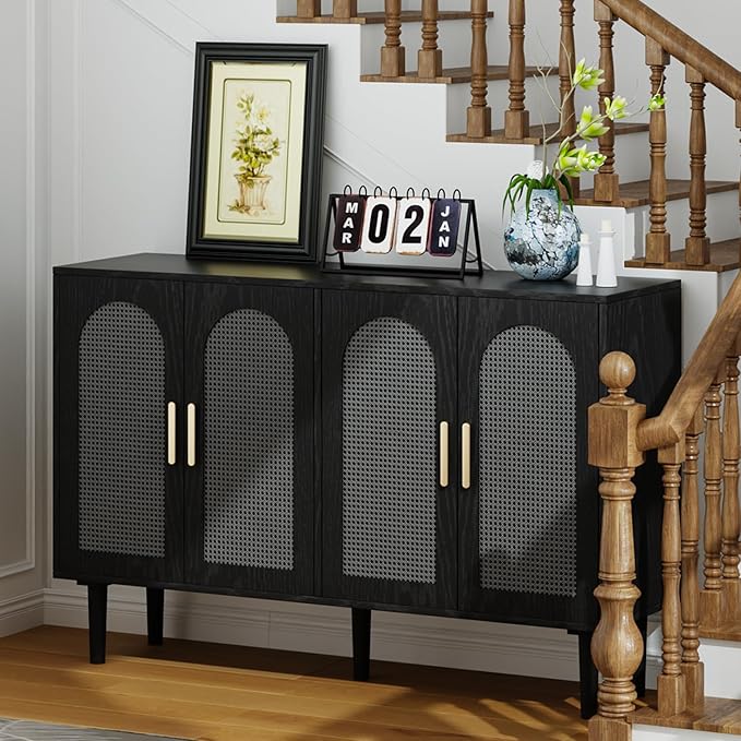 4-Door Rattan Sideboard Buffet Cabinet, 47" Large Storage Cabinet with Shleves, Wood Modern Accent Credenza Kitchen Table for Dining Room, Living Room & Entryway, Black & Grey
