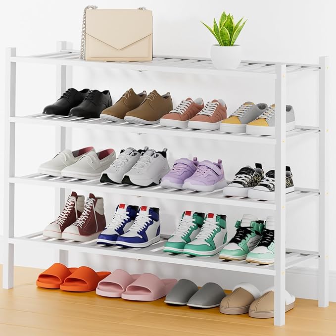 Smiry Shoe Rack, 4 Tier Thick Long Bamboo Shoe Organizer, Stackable Free Standing Wooden Shoe Storage Shelf for Closet, Entryway, Front Door Entrance, White