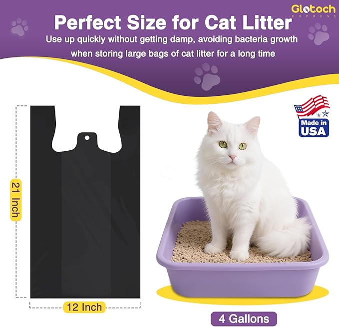 Glotoch 500 Count Economical Cat Litter Bags 4 Gallon Black, Leak-Proof, Disposable Cat Waste Trash Bags for Pet Poop, Plastic T-shirt doggy bag for Kitty Waste Garbage 12" x 6.5" x 21"