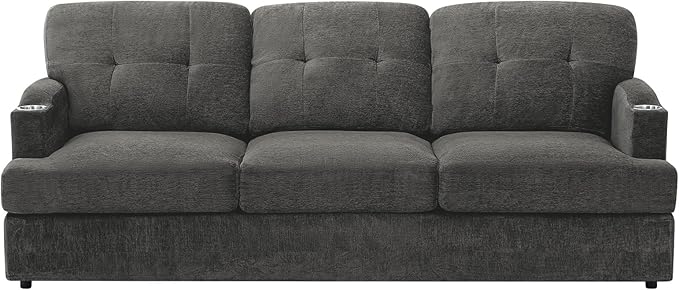 89" Chenille Modern Sofa with Cup Holder, Tufted Upholstered Couch with Thickened Cushions, Comfy 3 Seater Sofa with Deeper Seat for Living Room, Apartment, Grey