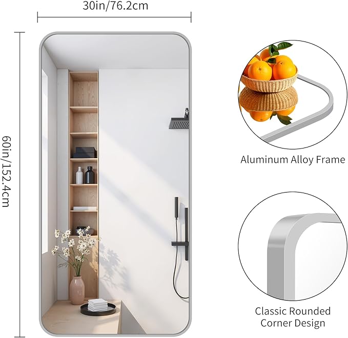 FORBATH 30x60 Inch Silver Bathroom Mirror for Over Sink, Large Rectangular Wall Mirror with Metal Frame, Rounded Corners for Bathroom, Bedroom, Entryway Decor (Horizontal or Vertical)