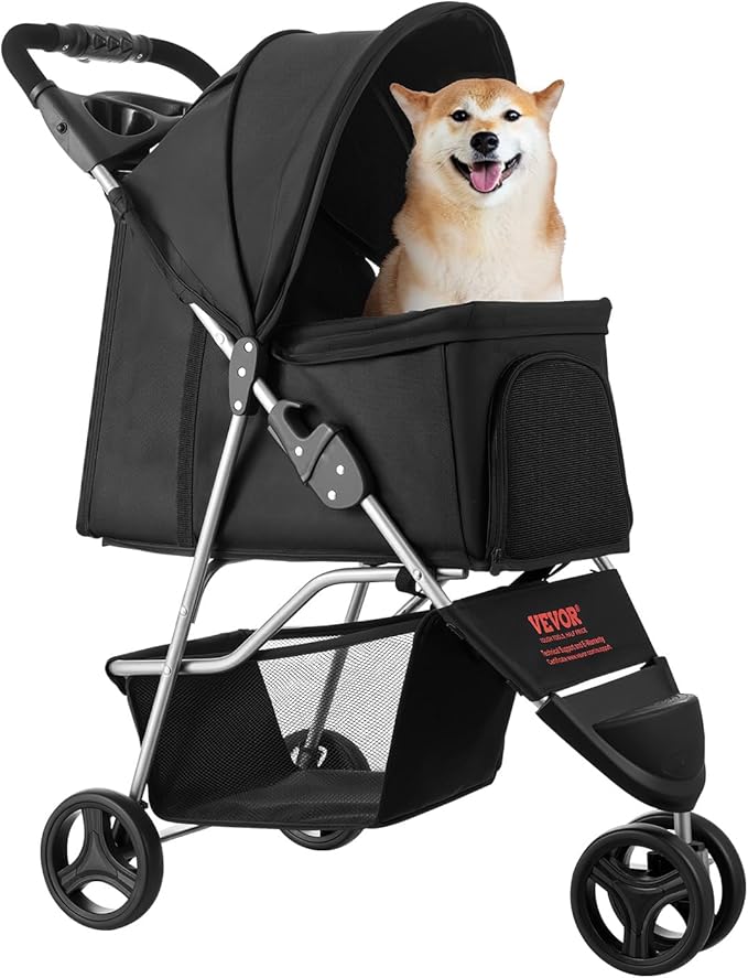 VEVOR Pet Stroller, 35 lbs Weight Capacity, Foldable Dog Cart, 3 Wheels Cats Carts with Mesh Windows and Cup Holders, Portable Pet Carrier Stroller with Brake, for Small to Medium Pets