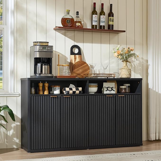 LEYAOYAO Fluted Buffet Cabinet with Storage, 55" Wide Wood Sideboard Credenza with 4 Doors & Open Storage Shelf, Modern Kitchen Console Accent Cabinets, Coffee Bar Table for Dining Room, Black Oak