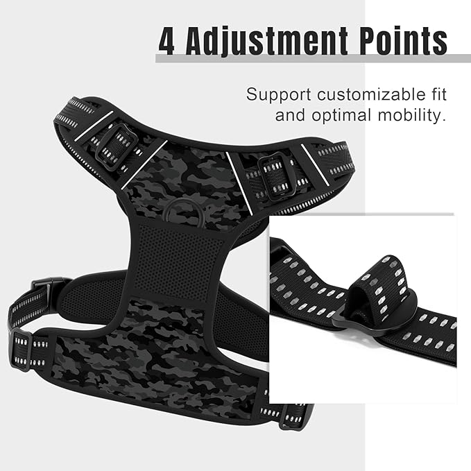 Rnivvi No Pull Dog Harness, Cute Reflective Large Sized Puppy Harness, Adjustable Soft Padded Vest for Large Dogs, Heavy Duty Pet Vest with Easy Control Handle for Walking Training, Black Camouflage
