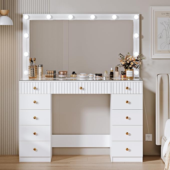Fluted Makeup Vanity Desk with 46" HD Lighted Mirror,Big Modern Vanity Desk with Mirror and 12 LED Lights, Dressing Table with 11 Drawers, Glass Top for Bedroom,Cream