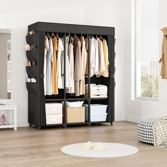 Wardrobe Closet, Portable Closets for Hanging Clothes 19mm Steel Tube Portable Wardrobe Closet for Bedroom, Clothes Rack with Cover, 3 Hanging Rod, 6 Storage Shelves and Side Pocket